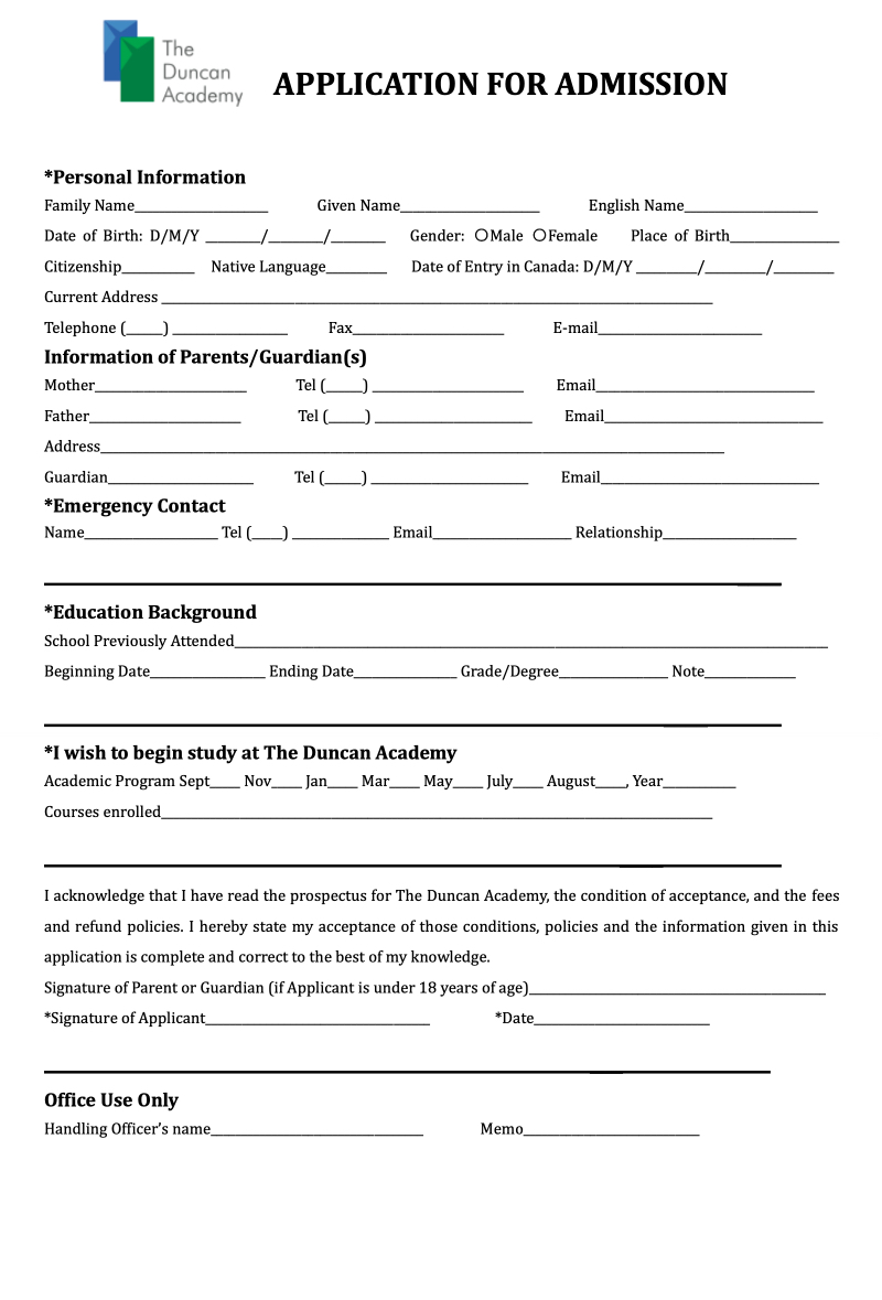 Application for Admission — page 1